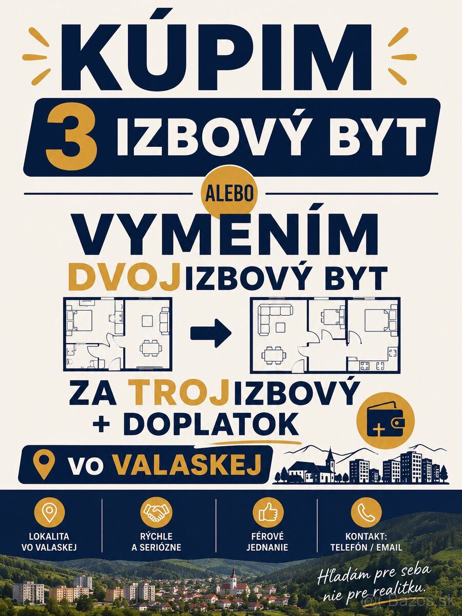 Hľadám trojizbový byt alebo na výmenu za dvojizbový + doplat