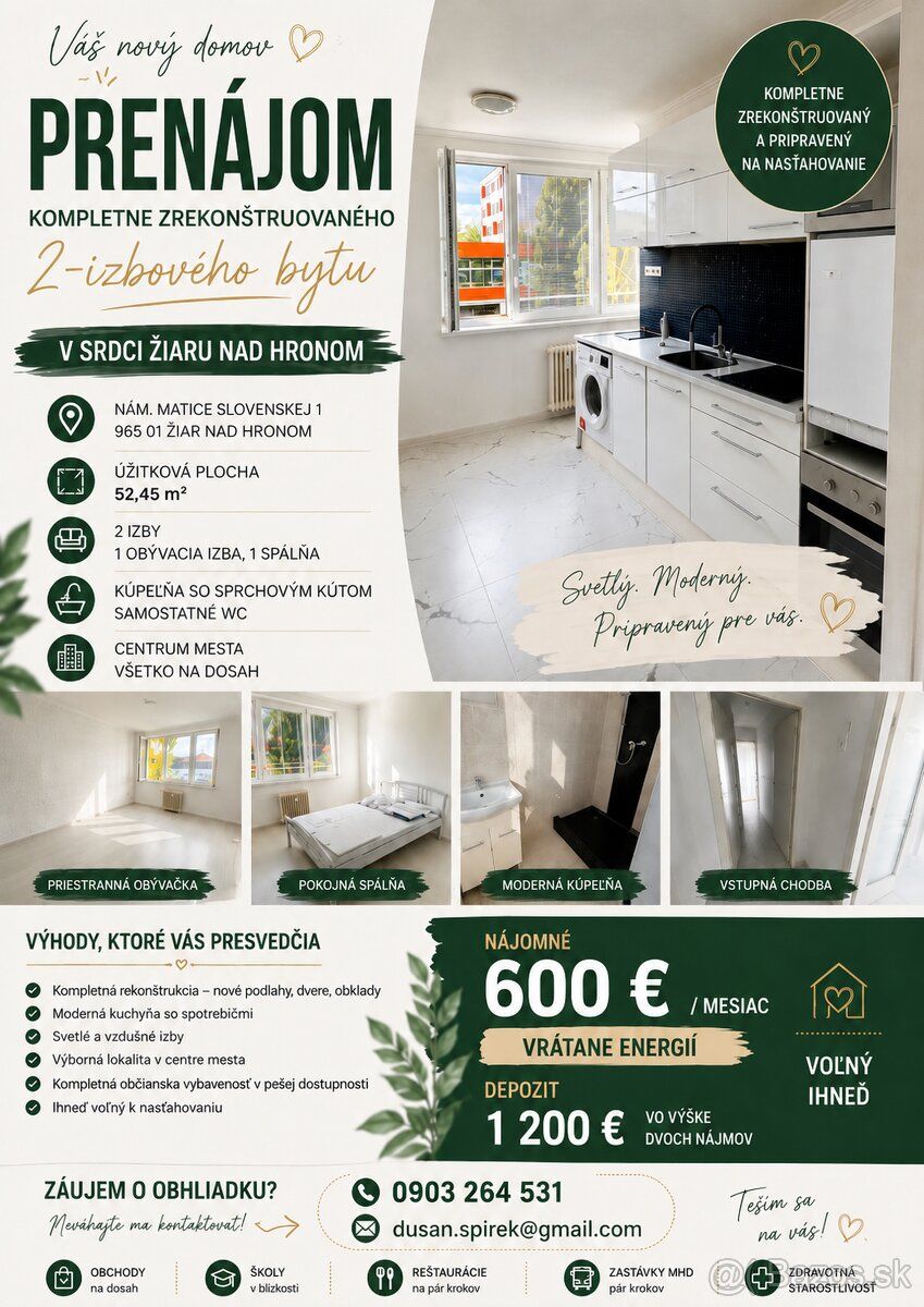 Prenájom 2-izbového bytu, 52,45 m², centrum Žiar nad Hronom 
