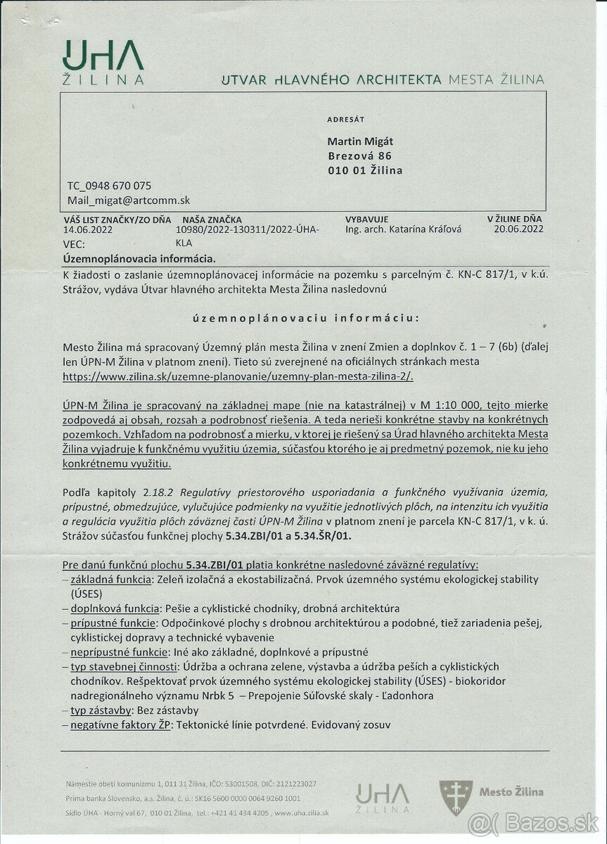 Predám pozemok o rozlohe 2310m2 v katastrálnom území Strážov