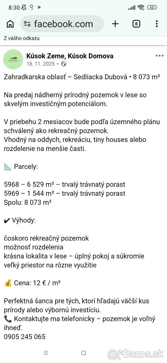 Predám nádherné pozemky v záhradk.oblasti pri lese, 100m nad