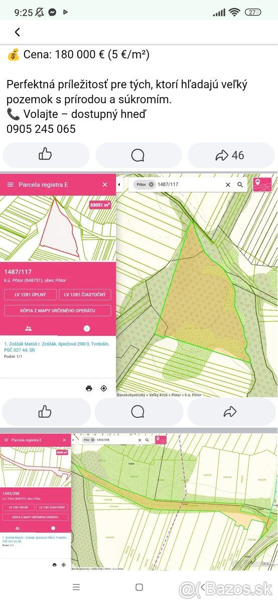 Predám pozemky v obci Pôtor, 2 pozemky v rozlohe 53051m² a 8