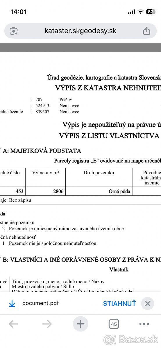 predam pozemok nemcovce,orna poda 2800m2