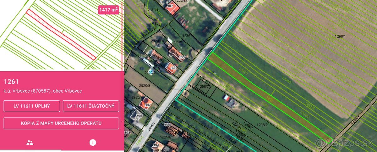 Ponúkame na predaj stavebný pozemok s výmerou 1417 m², situo
