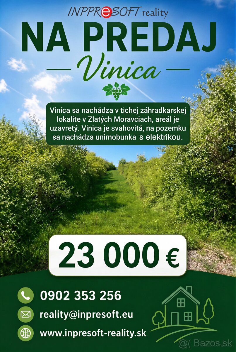 Ponúkame na predaj vinicu o výmere 843m2. Vinica sa nachádza