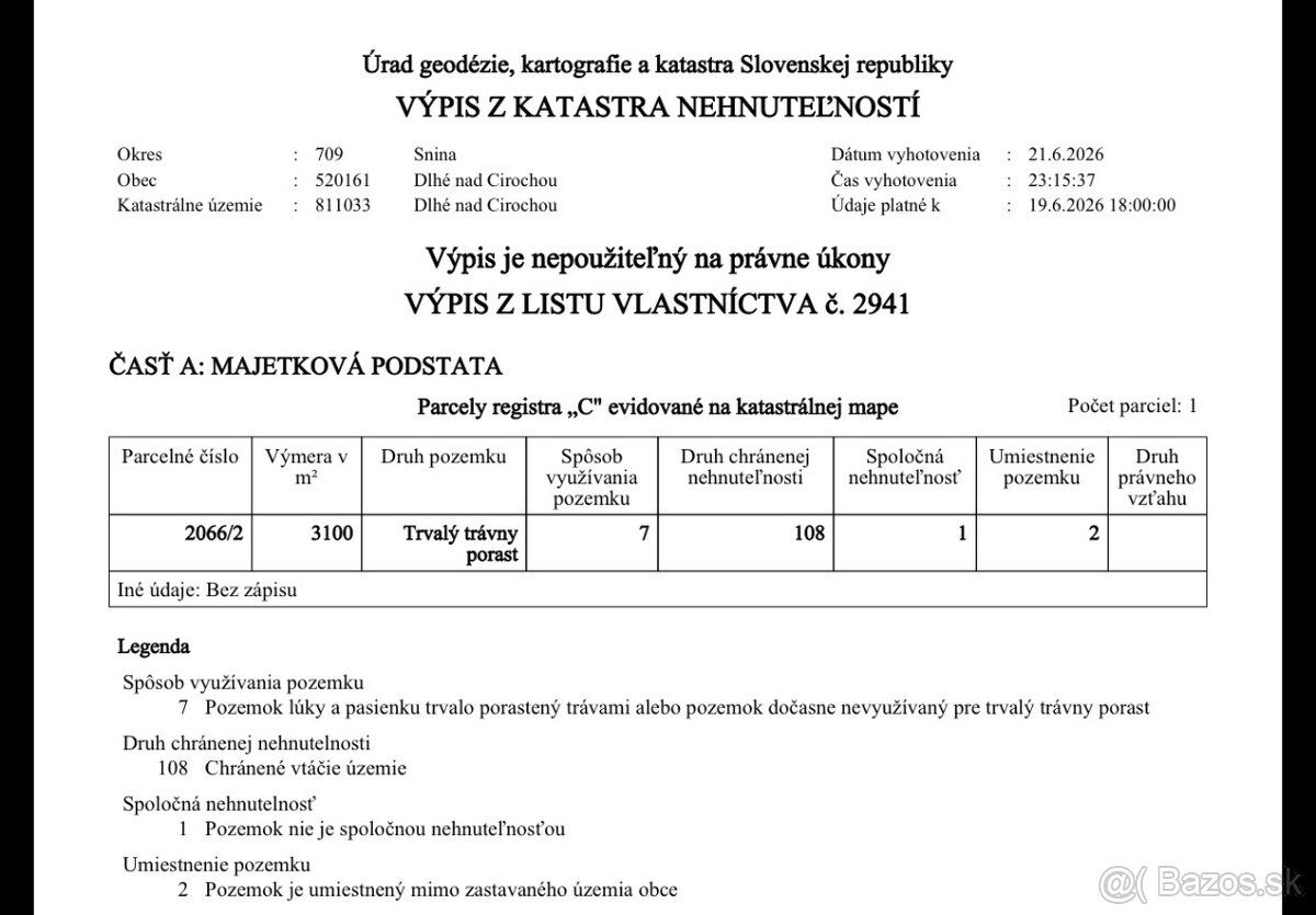 Ponúkame na predaj pozemok o výmere 3 100 m² v katastrálnom 