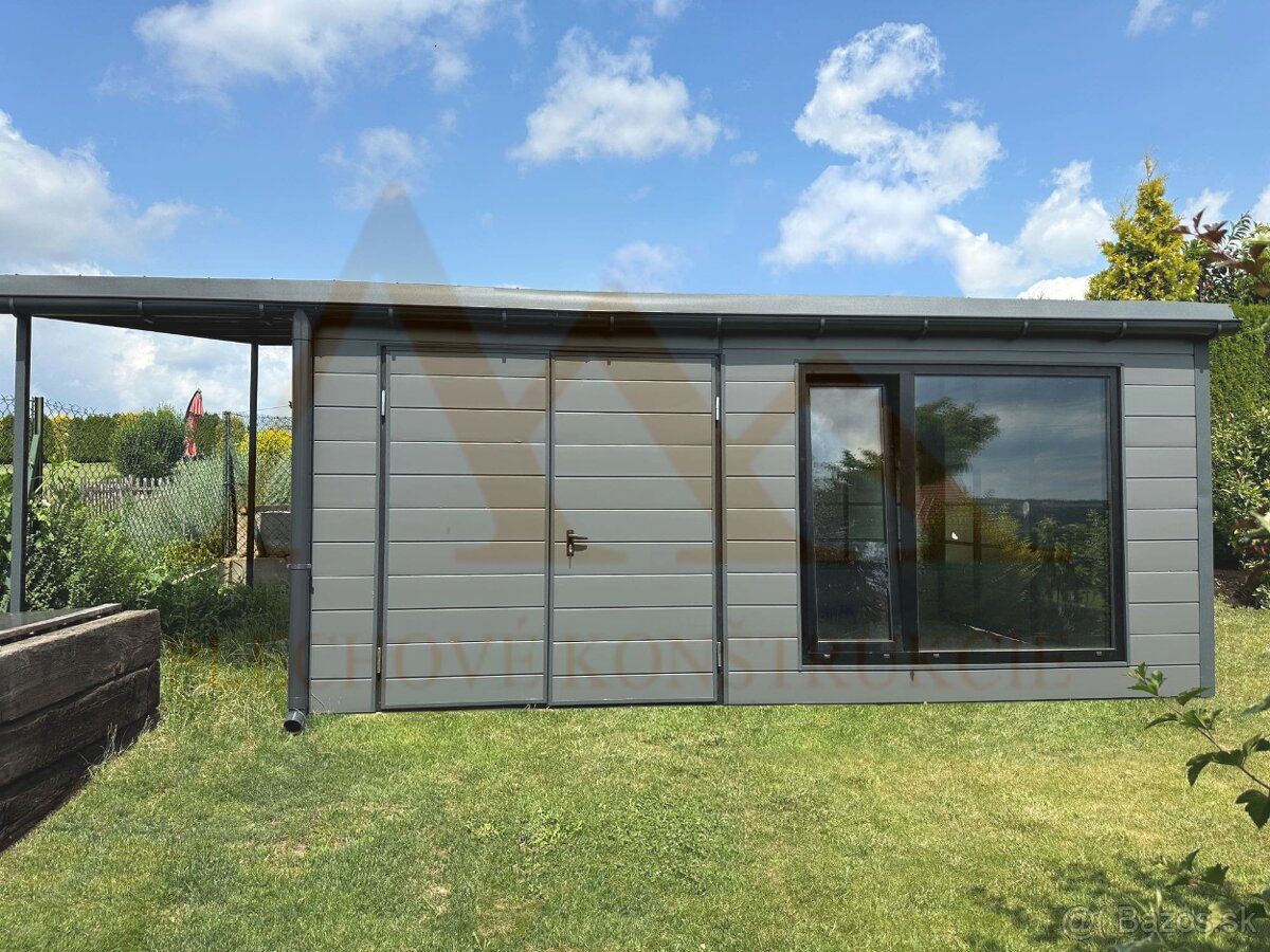 Nový zateplený záhradný domček 6x4m s prístreškom 2x4m, pult