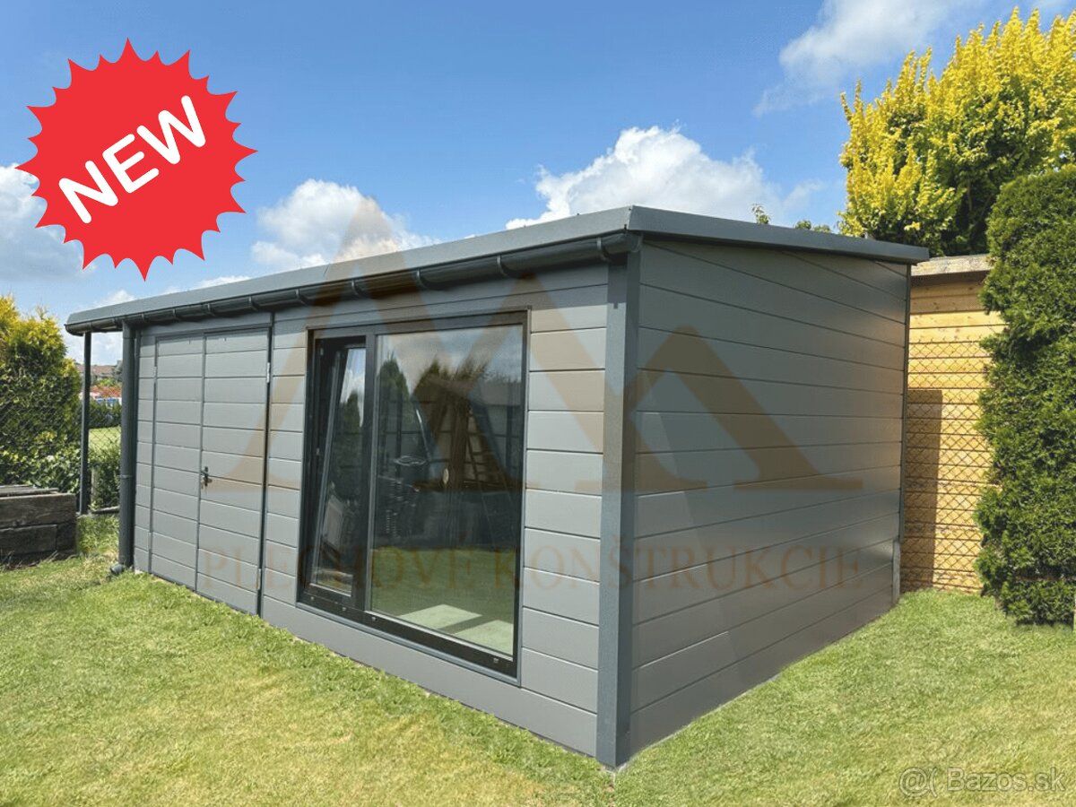Nový zateplený záhradný domček 6x4m s prístreškom 2x4m, pult