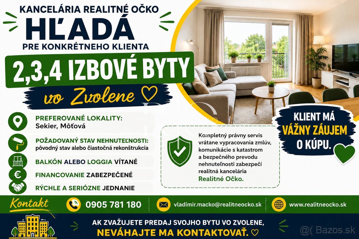 Typ: 2-izbový byt Obec: Zvolen
Kancelária Realitné očko hľad