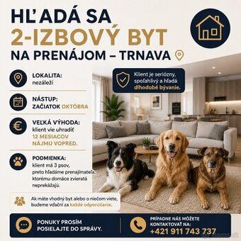 Ponúkame na prenájom veľký, slnečný 2-izbový byt o výmere 62