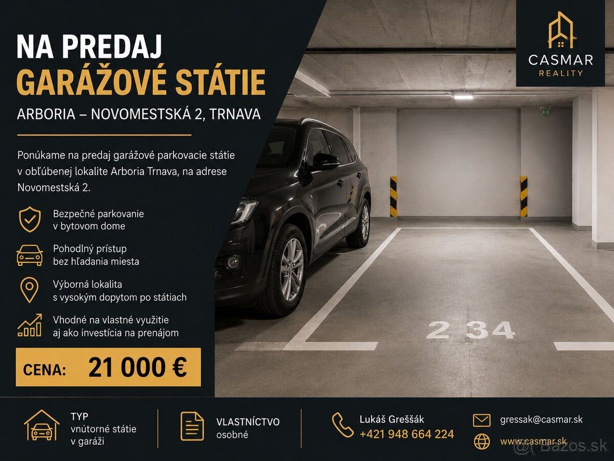 Nabízíme k prodeji garážové stání v oblíbené části Arboria Trnava